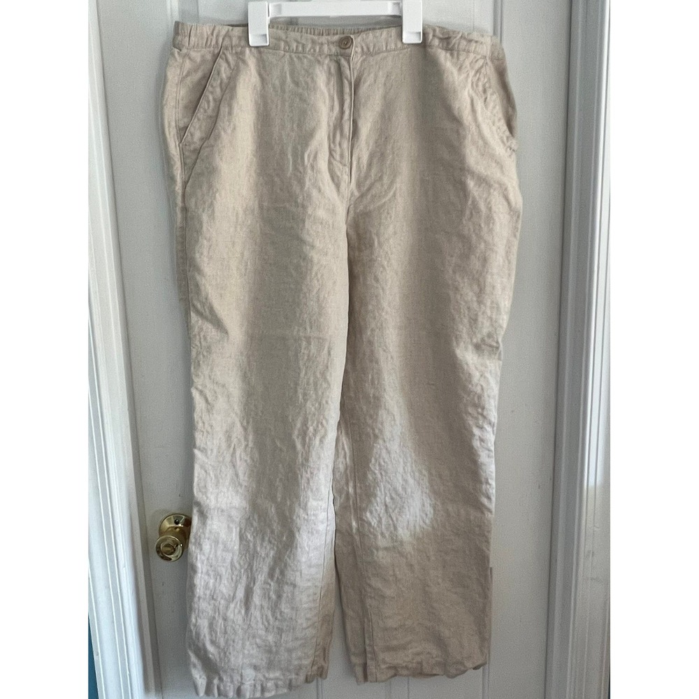 L.L. Bean 100% Linen Womens 20 MT Classic Fit Pants Beige Elastic‎ Waist 268512